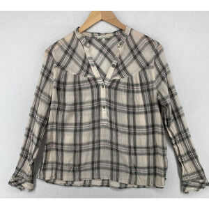 LUCKY BRAND Blouse Womens XS Gauze Plaid Frayed Popover Long Sleeve Cotton Gray